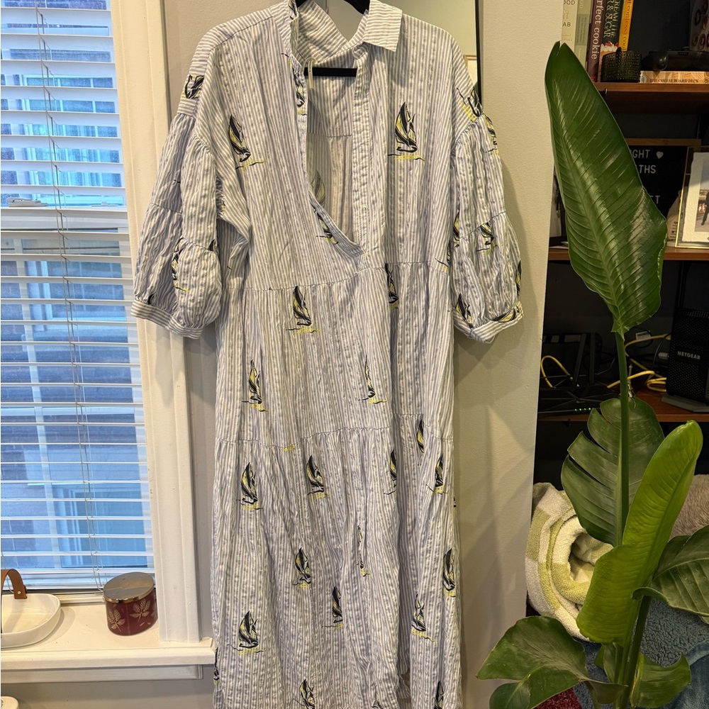 Anthropologie Blue and Yellow Sailboat Maxi Dress